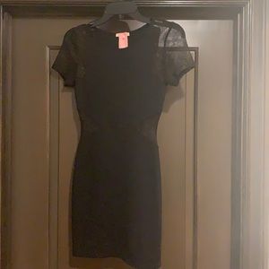 EUC - black mini dress w/ gold mesh sleeves